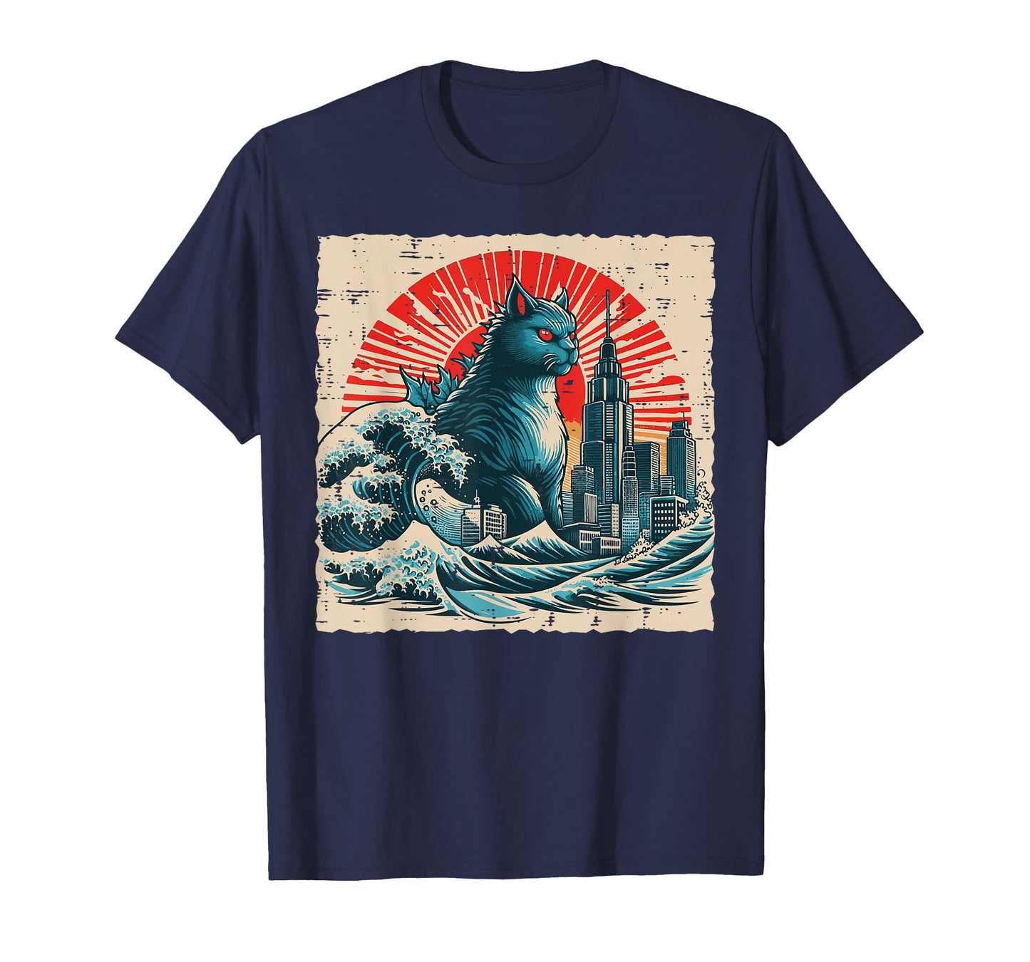 Japanese Cat Monster Great Wave City Ukiyo-e Men Women Kids T-Shirt