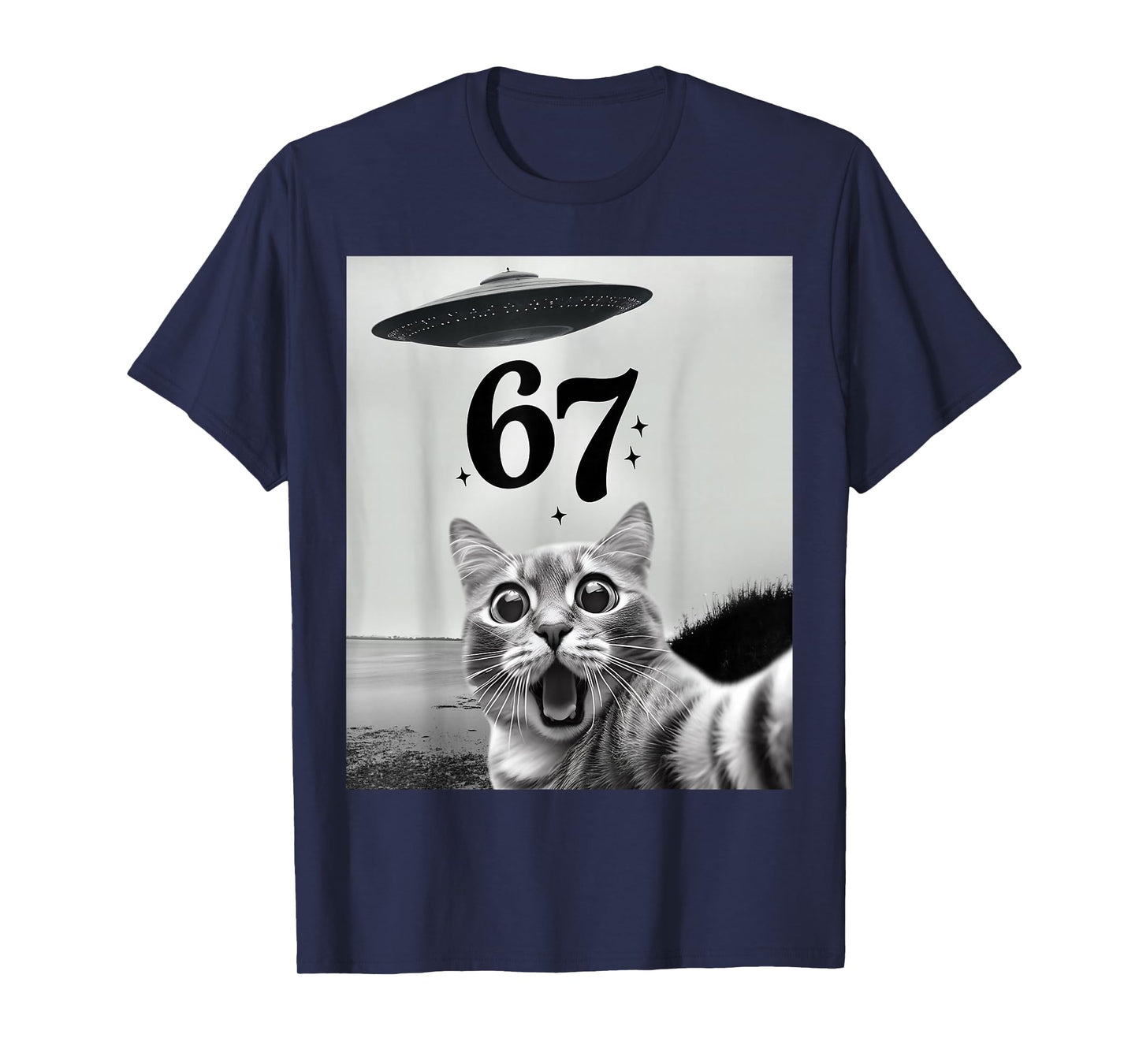 Cat Selfie with Alien UFO and 67 Funny 6 7 for Men Women Kid T-Shirt