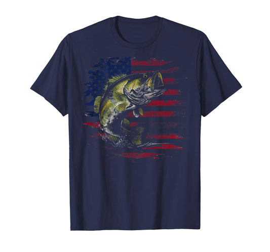 American Flag Camo Bass Fish Fishing Fisherman (on back) T-Shirt