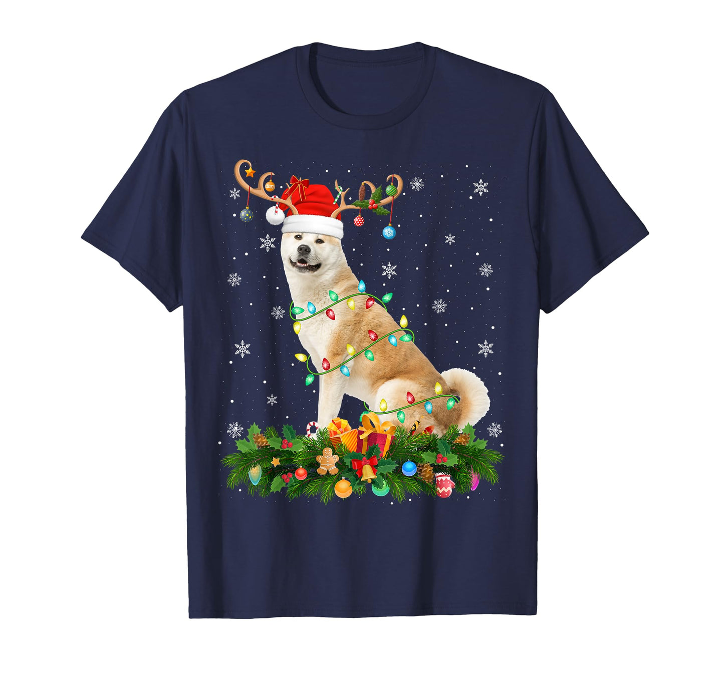 Akita Inu Christmas Lights Reindeer Santa Hat Dog Xmas T-Shirt