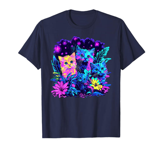 Colorful Cats Amidst Glowing Flowers T-Shirt