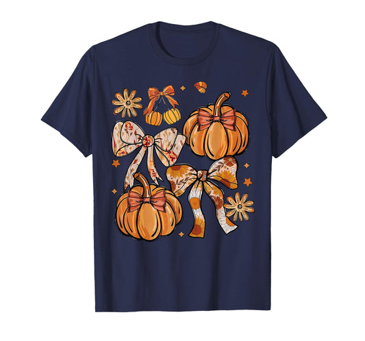 Coquette Bow Pumpkin Season Thanksgiving Autumn Fall Leaves T-Shirt
