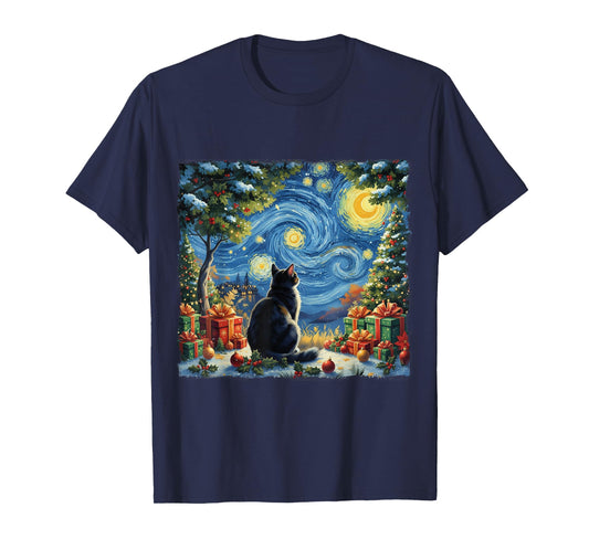 Christmas Cat Starry Night Van Gogh Santa Winter Gift Art T-Shirt