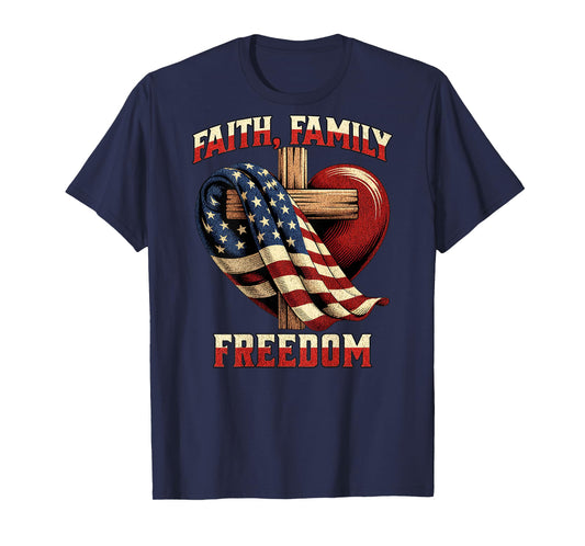 On Back Flag Cross Patriotic July 4th Faith Family Freedom T-Shirt