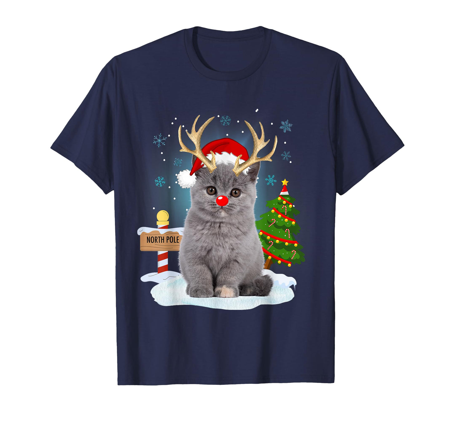 Funny Ugly Sweater Cat Reindeer North Pole Christmas T-Shirt