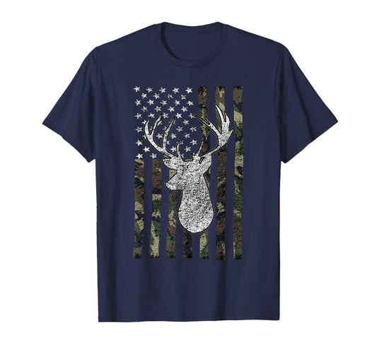 Whitetail Buck Deer Hunting American Camouflage USA Flag Short Sleeve T-Shirt