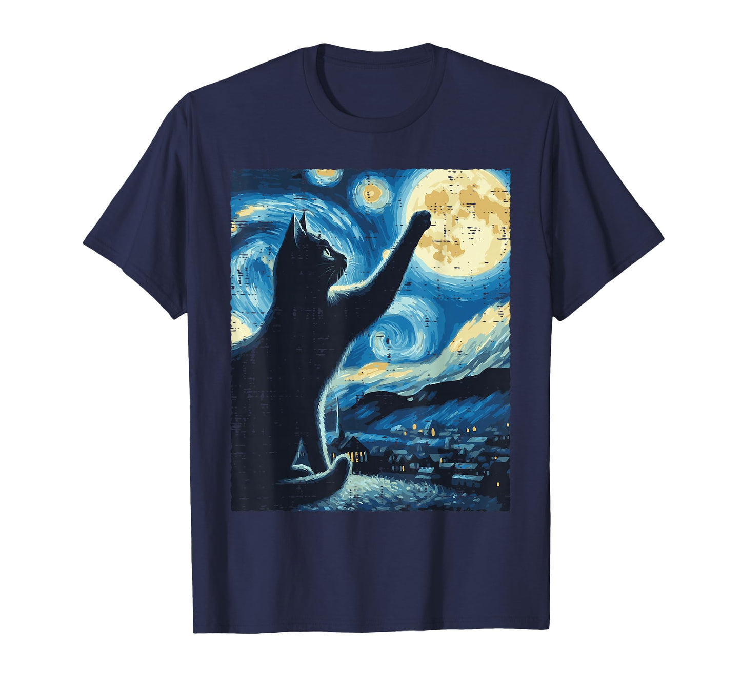 Cat Reaching Moon Starry Night Funny Kitten Men Women Kids T-Shirt