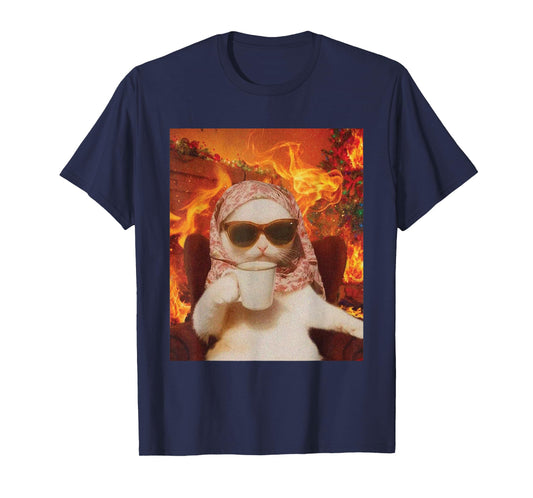 Chill Cat and Coffe Xmas Funny Cat Meme Y2K Joke T-Shirt