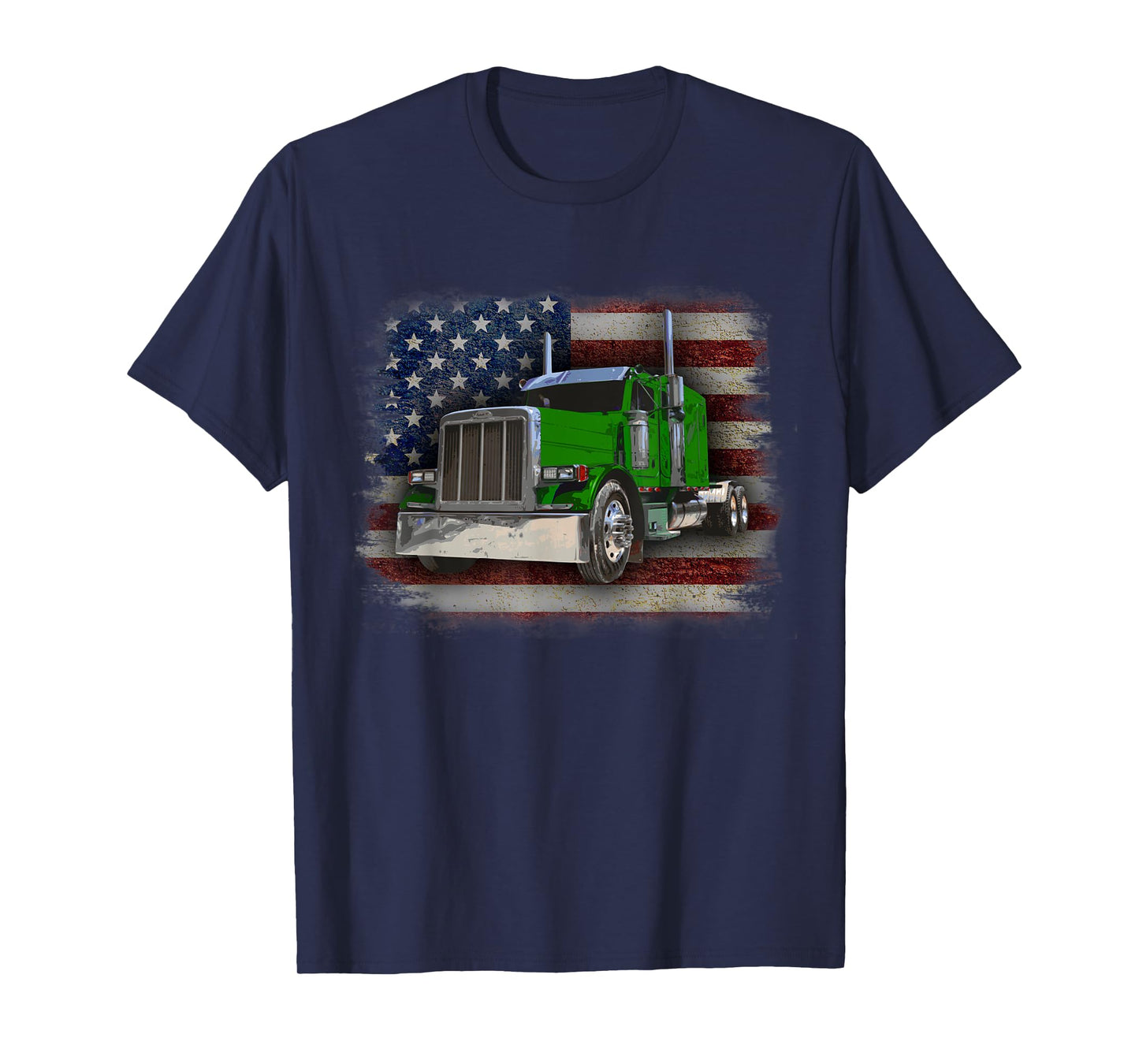 American Flag and Green Big Rig Patriotic Trucker T-Shirt