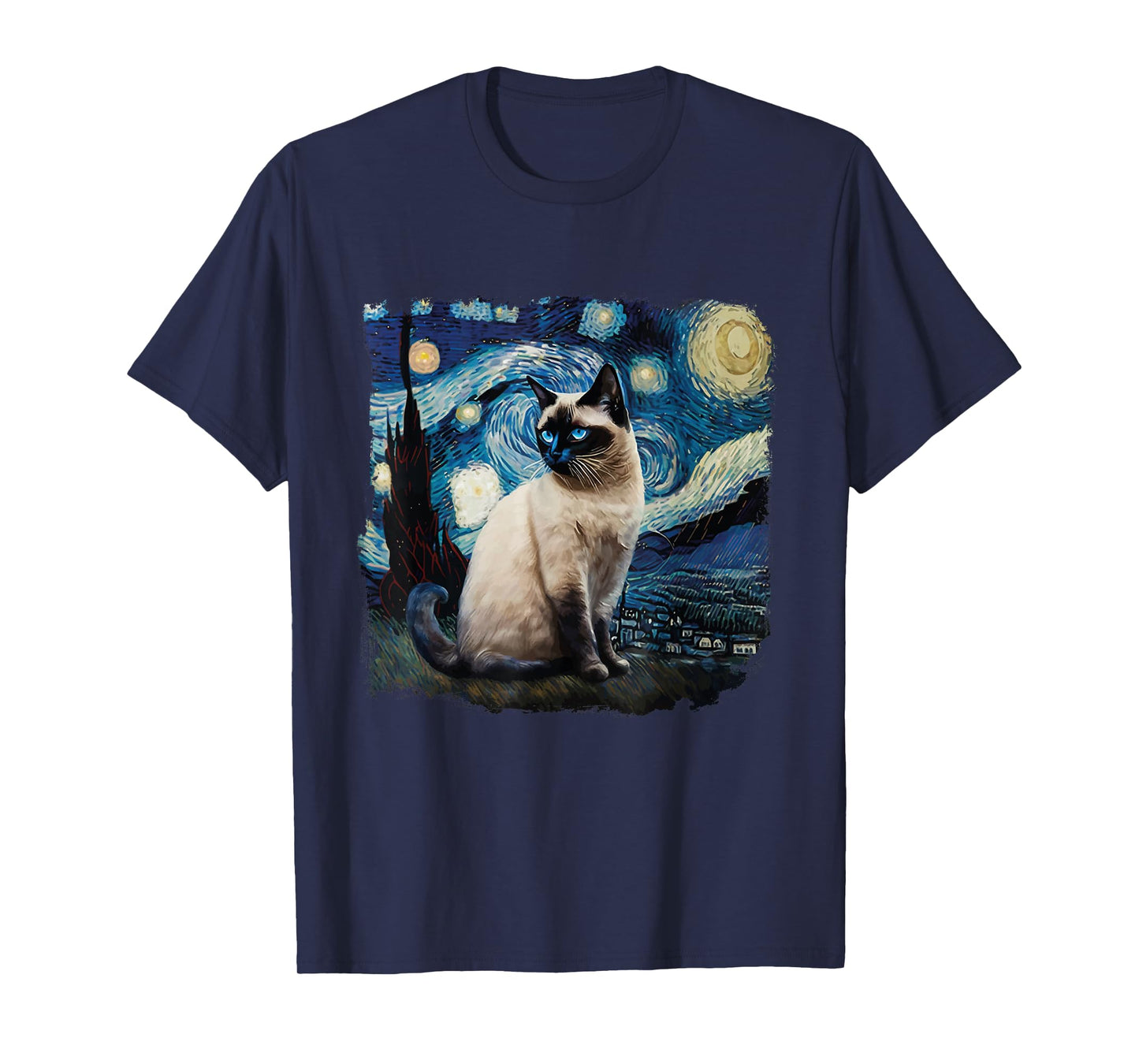 Cute Van Gogh Starry Night Cat Siamese Cat Lover Funny T-Shirt