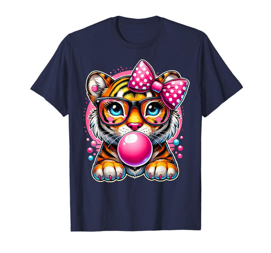 Cute Tiger with Glasses Bubblegum and Bow T-Shirt