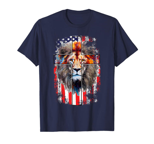 Christian God Faith US Flag Cross Jesus Lion of Judah T-Shirt
