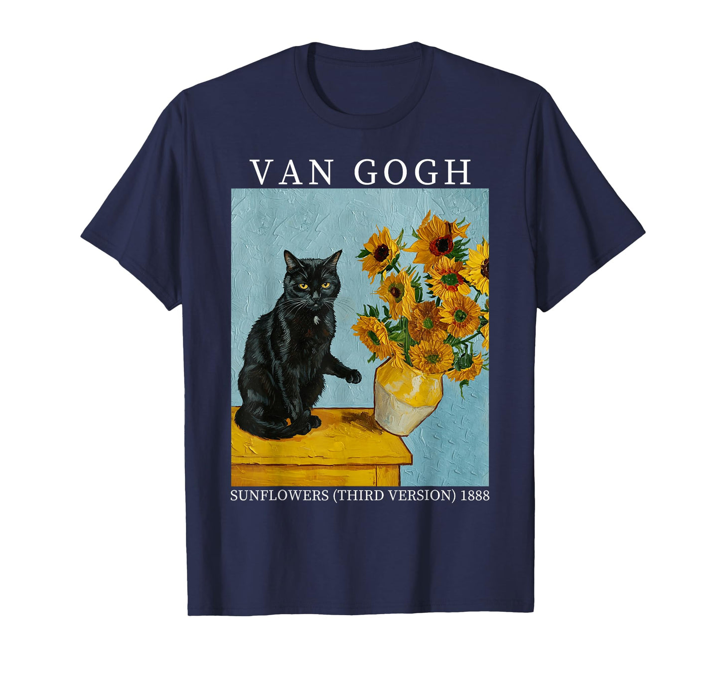 Van Gogh Black Cat With Sunflowers Funny Cat Meme T-Shirt