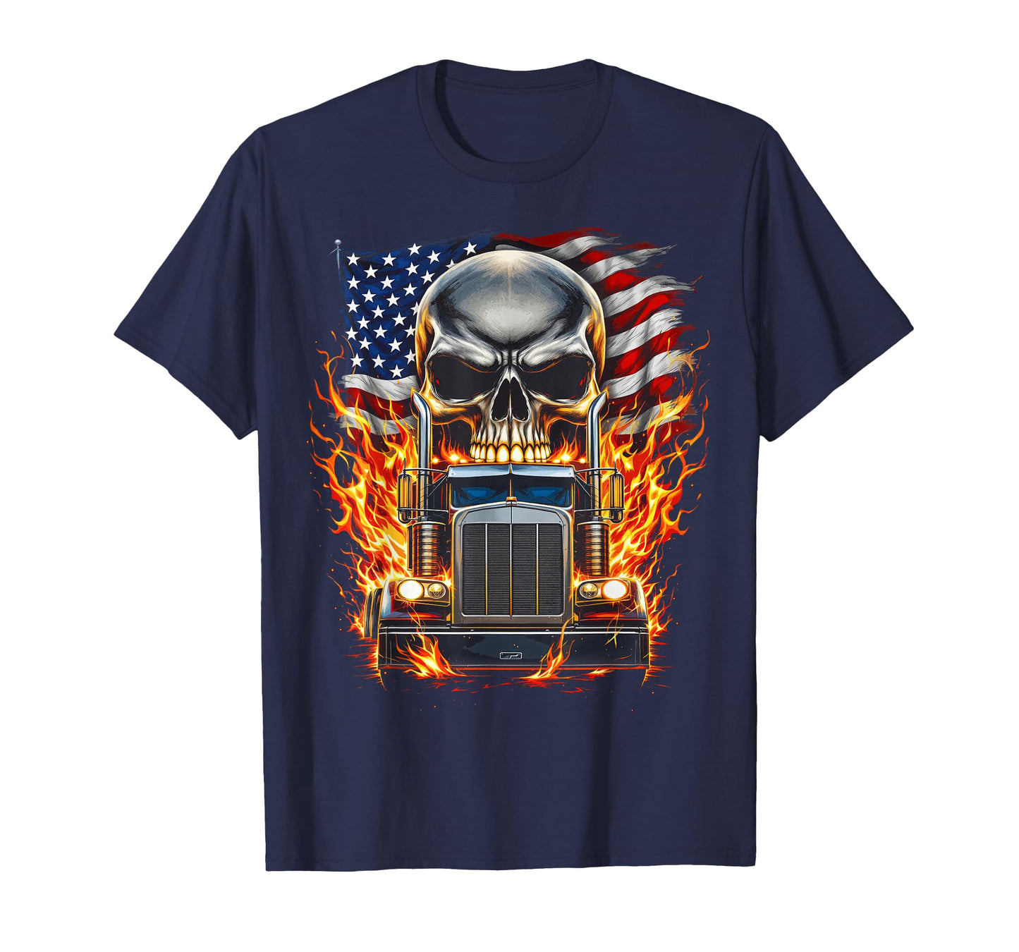 Trucker Patriotic American Flag Semi Truck Driver Skull T-Shirt