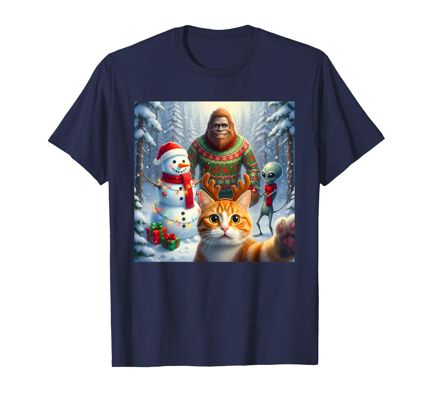 Funny Cat Selfie Bigfoot Humor Men Women Kids Christmas T-Shirt