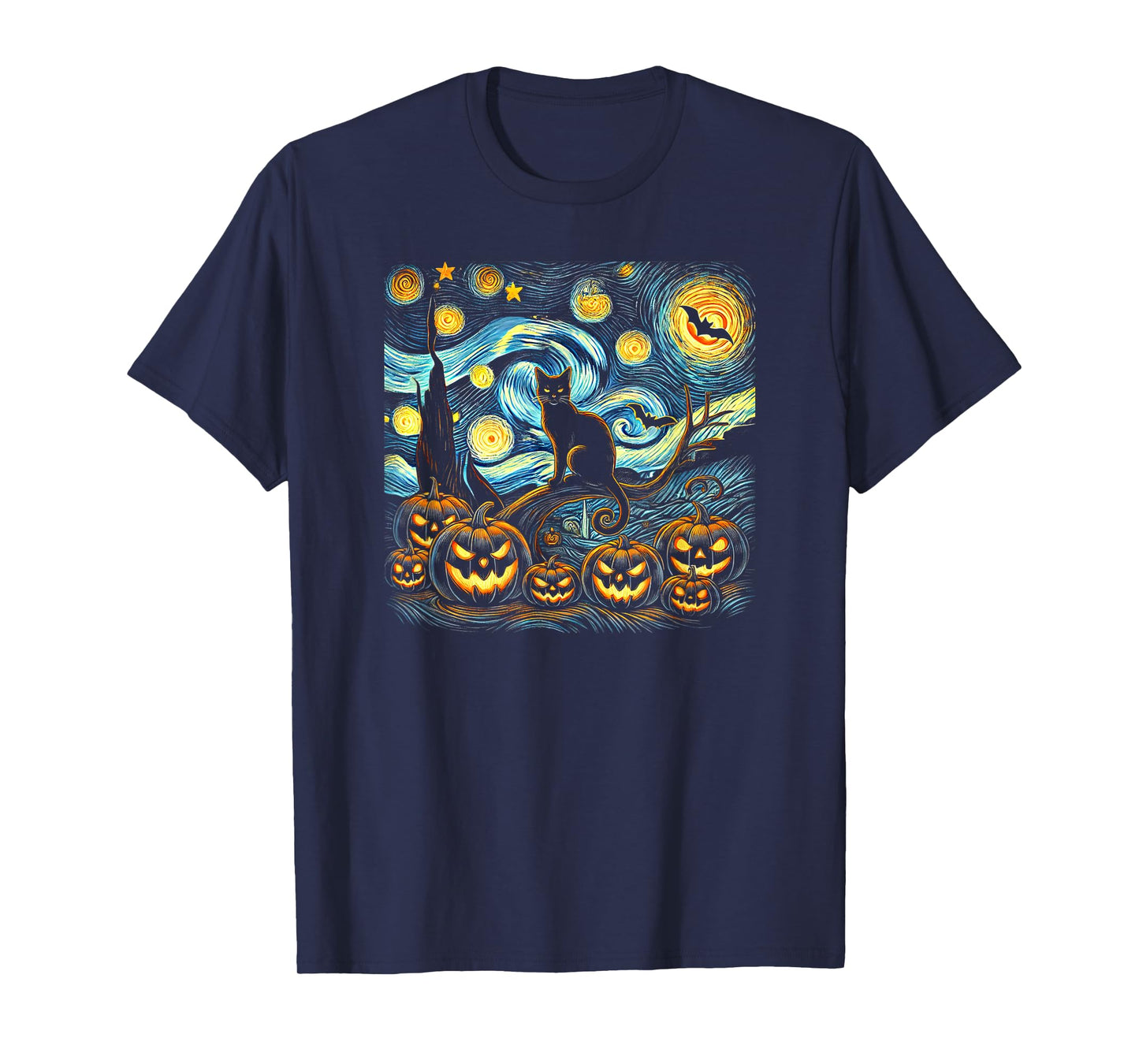 Halloween Van Gogh Starry Night Pumpkin Black Cat Costume T-Shirt
