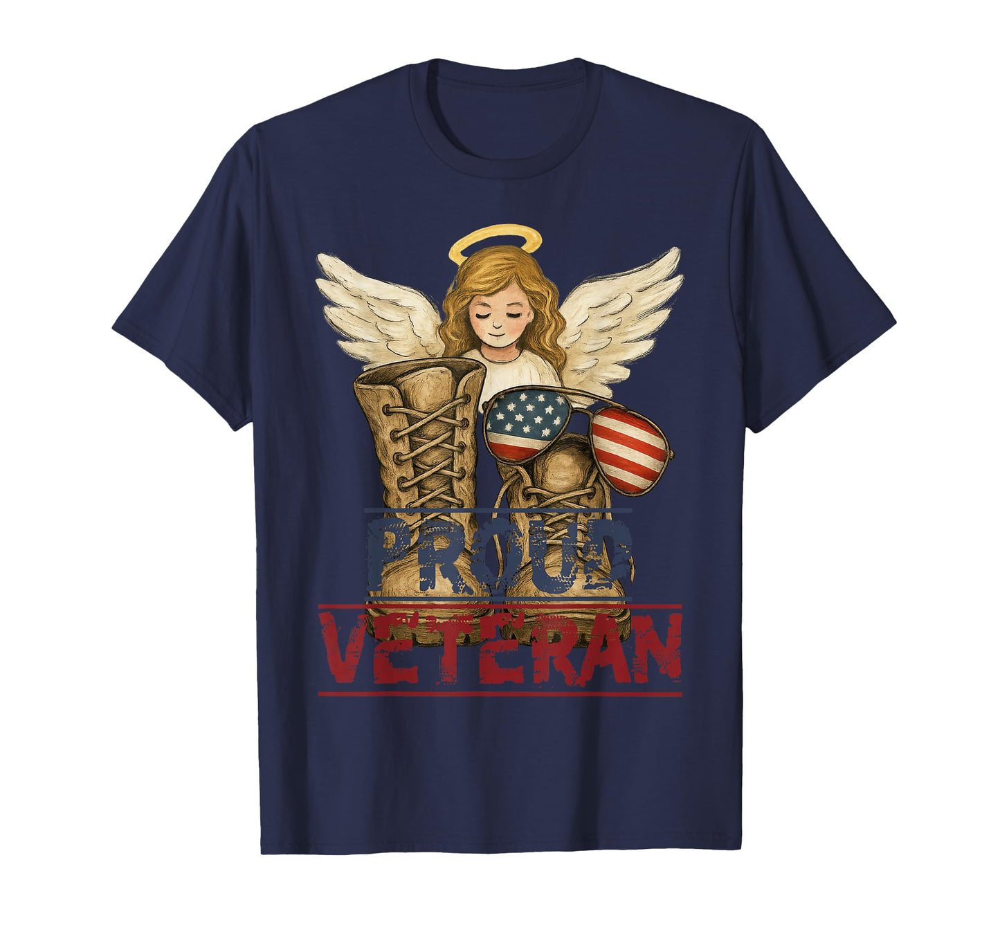 Proud Veteran Angel Wings with Combat Boots and USA Flag T-Shirt