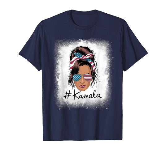Kamala Harris Retro USA Patriotic American Flag Messy Bun T-Shirt