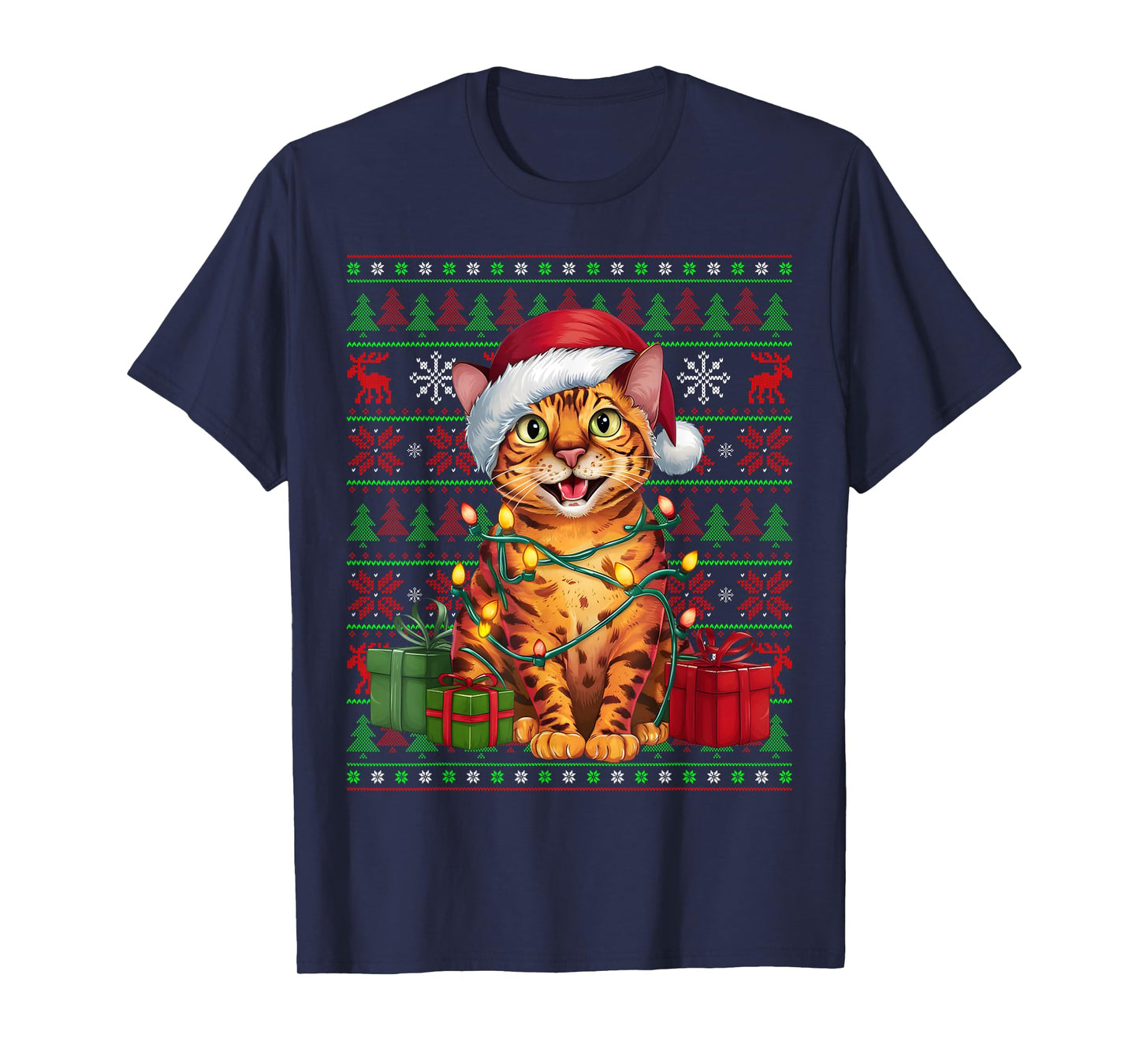 Bengal Cat Xmas Lights Ugly Santa Hat Bengal Cat Christmas Men Women Kids T-Shirt