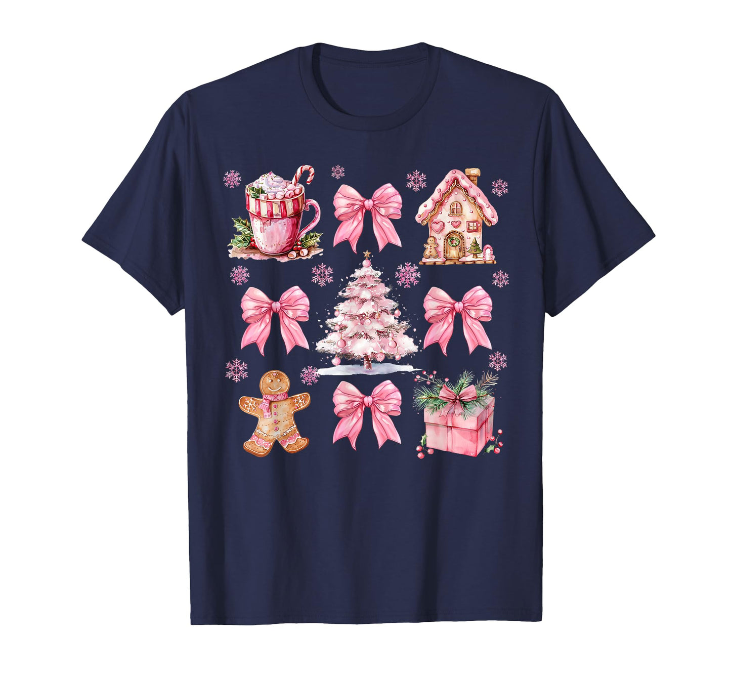 Cute Pink Coquette Bow Gingerbreads Coffee Family Xmas Tree T-Shirt