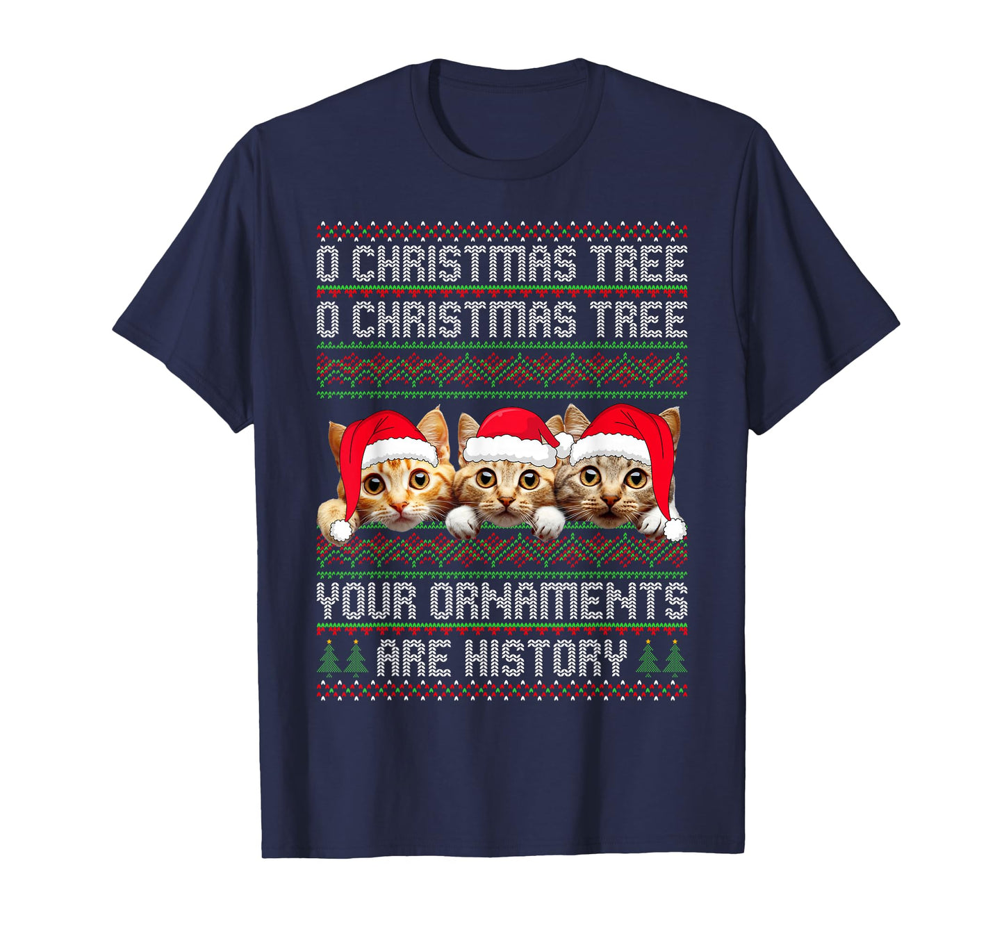 3 Cat Christmas Tree Ugly Sweater Santa Hat Funny Cat Xmas T-Shirt