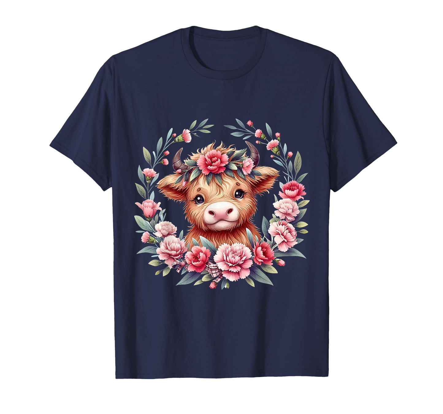 Cute Baby Highland Cow With Carnation Flower Scottish Farm T-Shirt