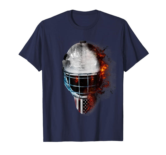 Ice Hockey Goal Mask Fire T-Shirt USA Flag & Hockey Game Tee Women Kids Men T-Shirt