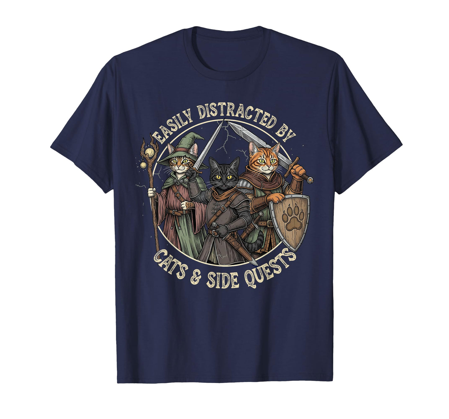 Easily Distracted by Cats Side Quests Funny Gamer Vintage T-Shirt