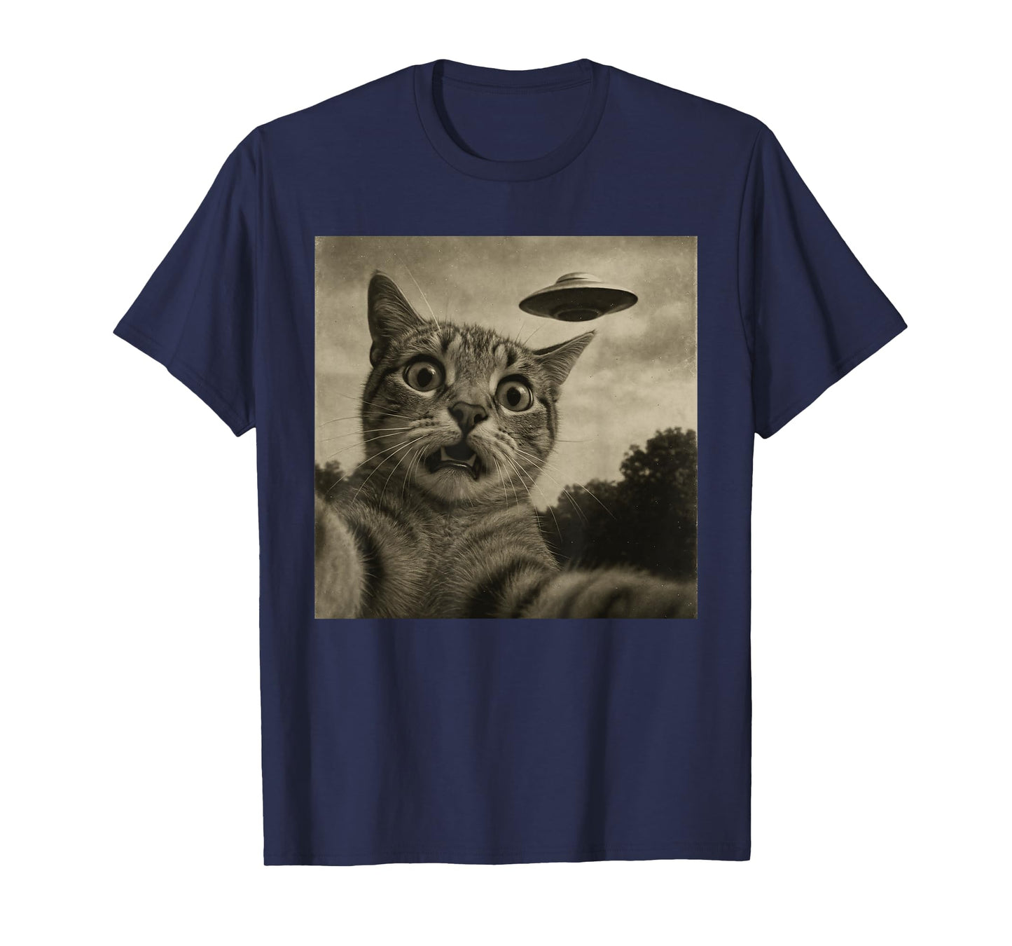 Funny Alien Cat Selfie with UFOs Idea Men Women Kids T-Shirt