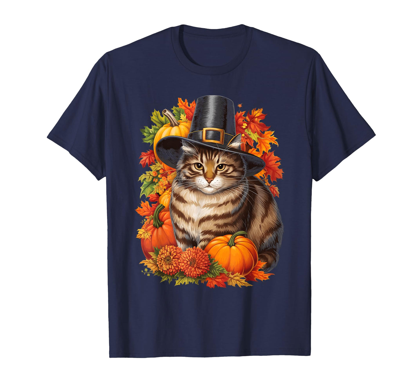 Thanksgiving Pilgrim Cat Lover Autumn Leaves Men Women Kids T-Shirt