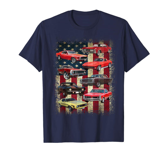Vintage Classic Muscle Car Retro American Flag Patriotic T-Shirt