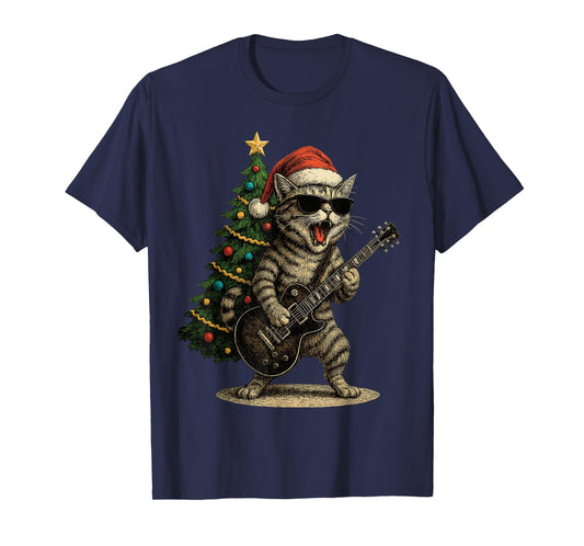 Christmas Cat Playing Guitar Rock and Roll Star Cat T-Shirt