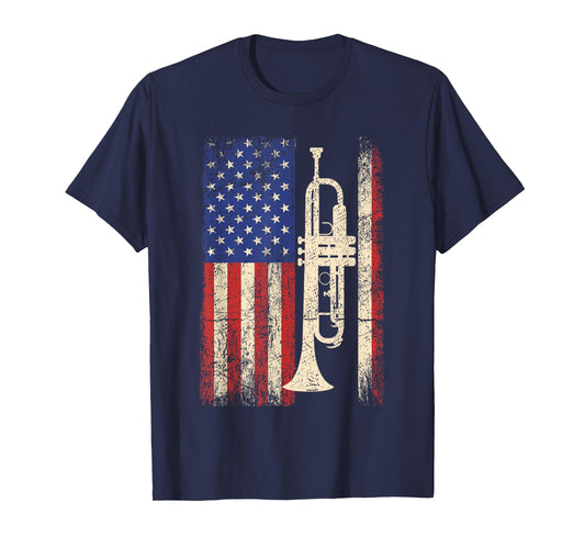 Trumpet USA American Flag Shirt Jazz Music Vintage Men Tee T-Shirt