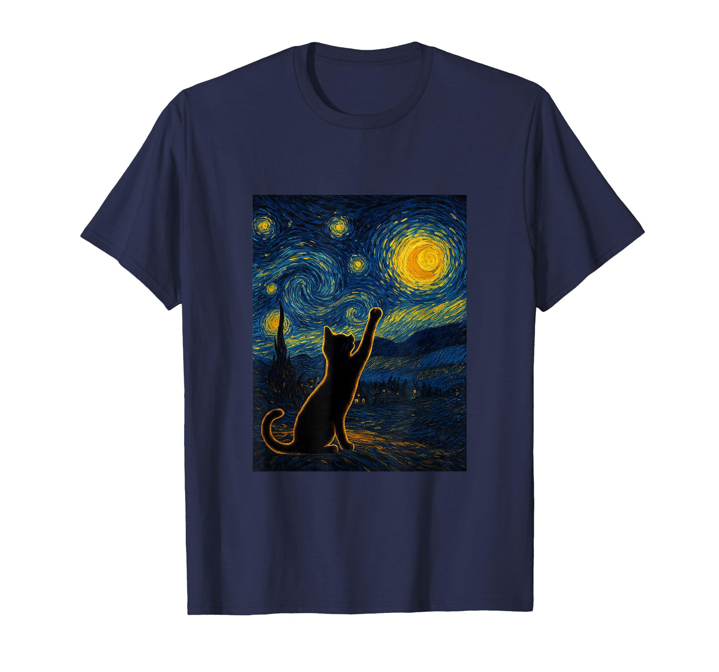 Starry Night Van Gogh Black Cat, Funbibi Cat Dad Gifts T-Shirt