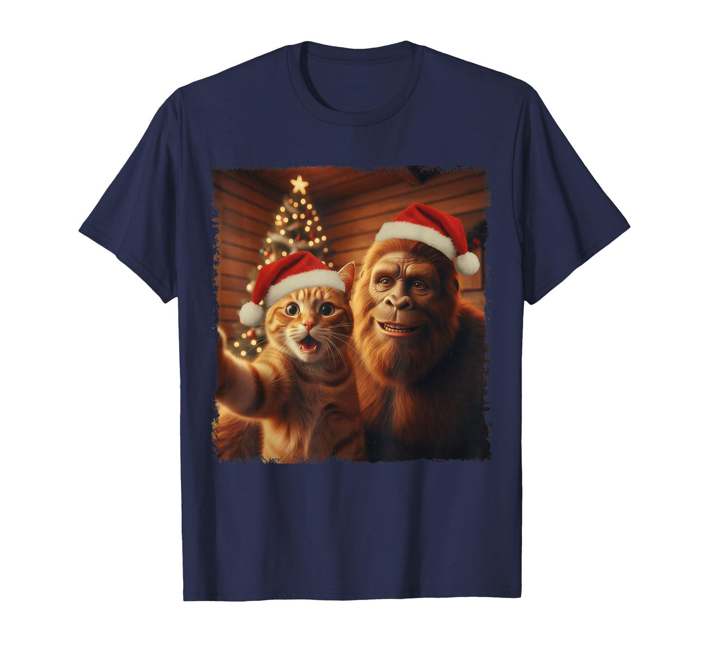 Funny Cat and Sasquatch Christmas Selfie Santa Hat Boys Men T-Shirt