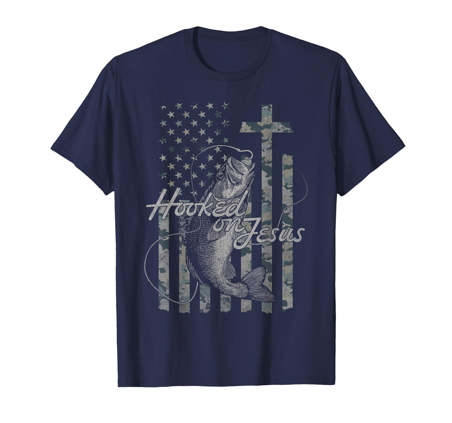 Hooked on Jesus Christian American Flag Fishing T-Shirt
