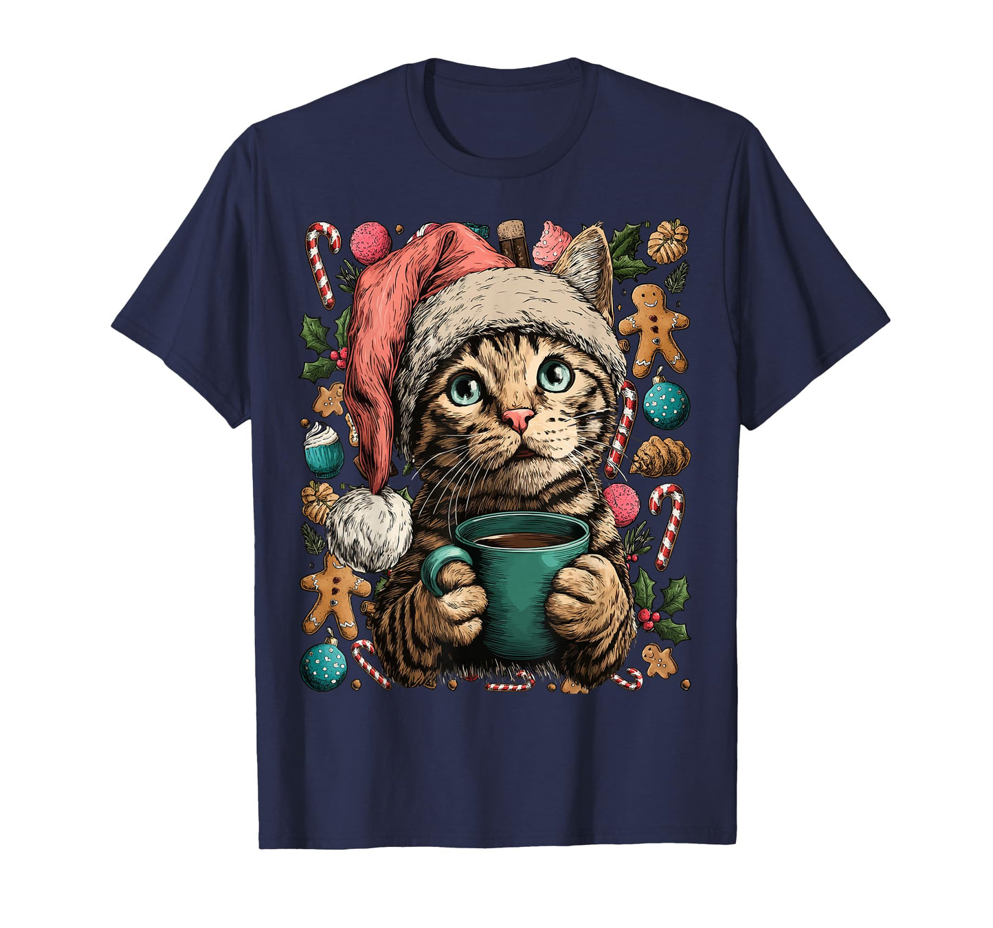 Christmas Tabby Cat with Santa Hat Cocoa Cookies Kitten T-Shirt