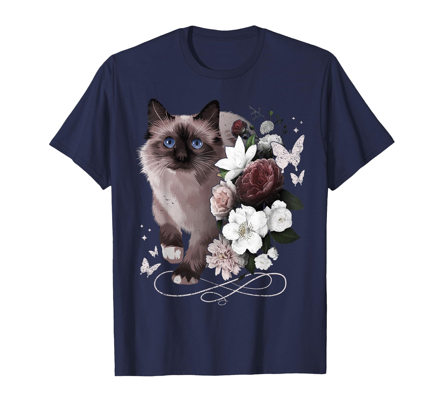 Siamese Cat with Flowers Vintage Look Floral Siamese Cat T-Shirt
