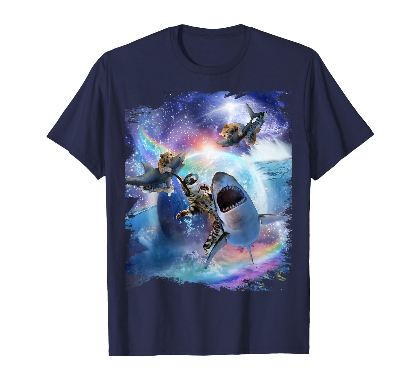 Rainbow Galaxy Cat Riding Shark in Space T-Shirt