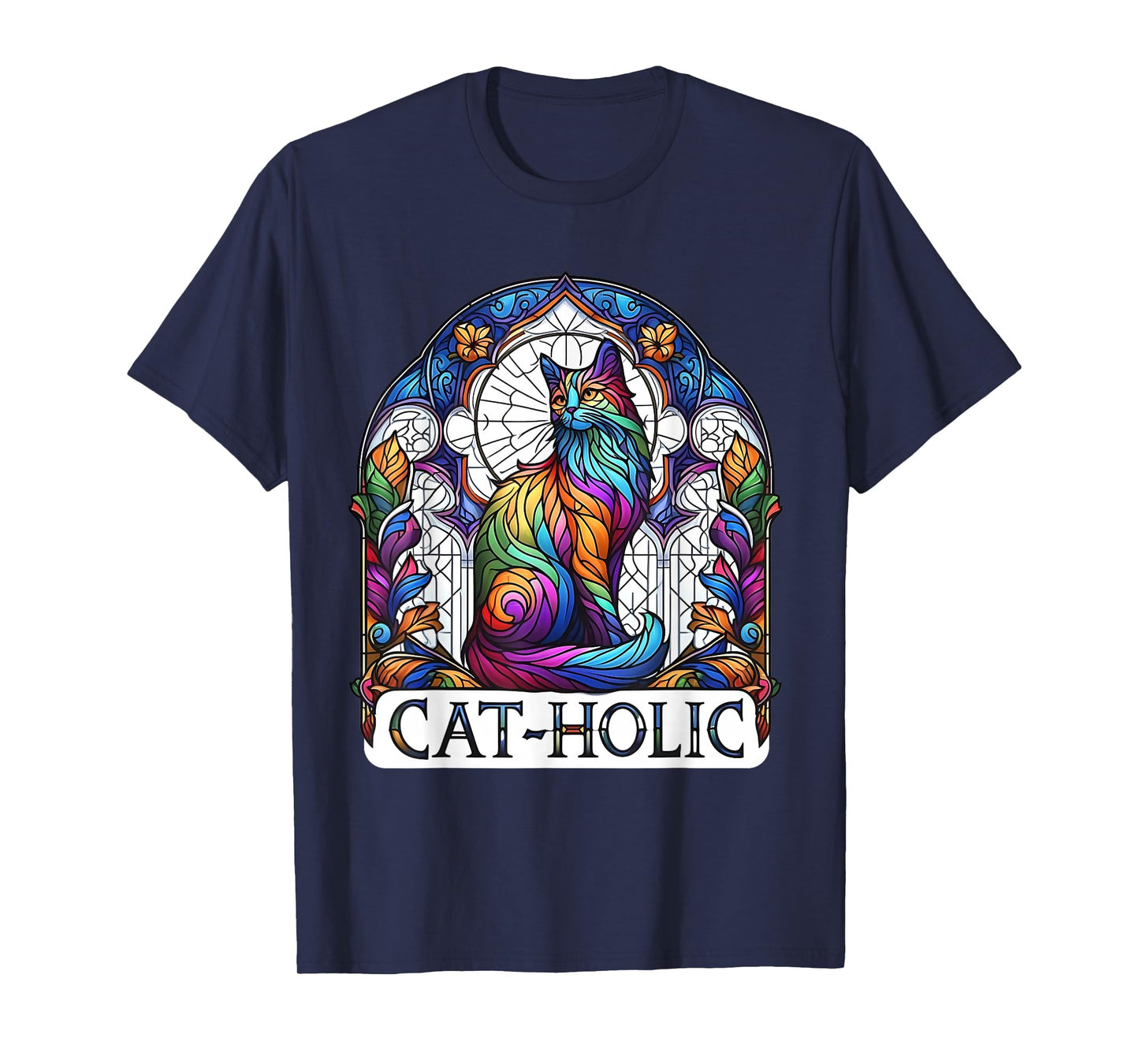 Cat-holic. Funny Catholic. Stained Glass Cat. T-Shirt