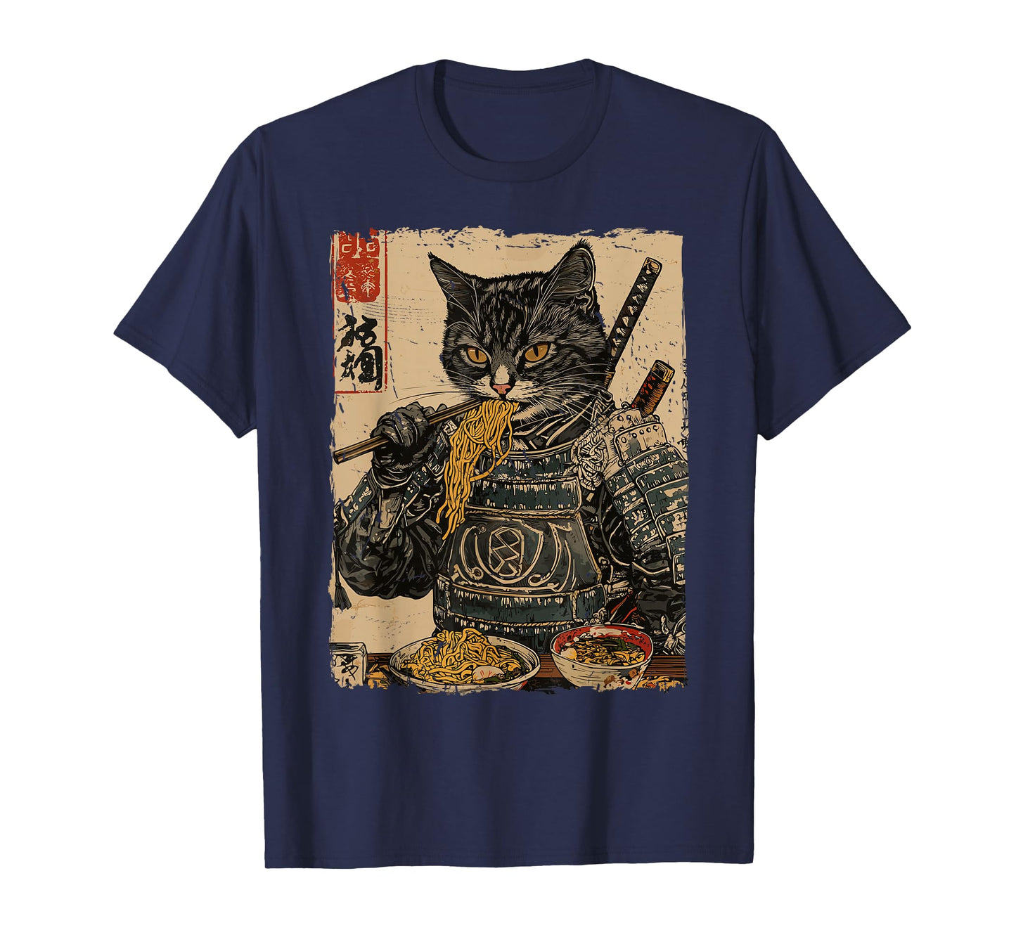 Samurai Cat Loves Ramen Funny Anime Japanese Artwork Samurai T-Shirt