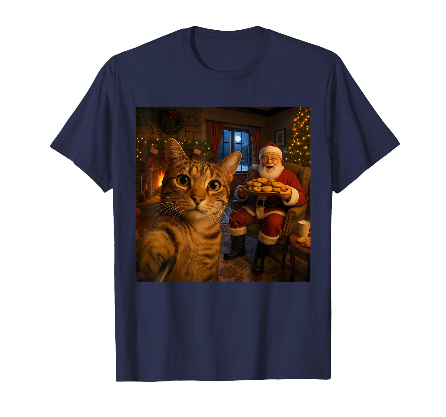 Funny Cat Selfie with Santa Claus Christmas Meme Men Women T-Shirt