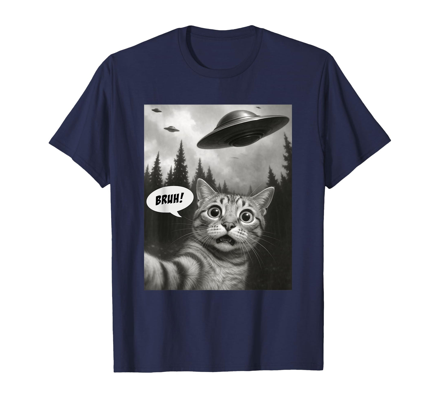 Funny Cat Bruh for Teens Boys Meme Cat Selfie with UFOs T-Shirt