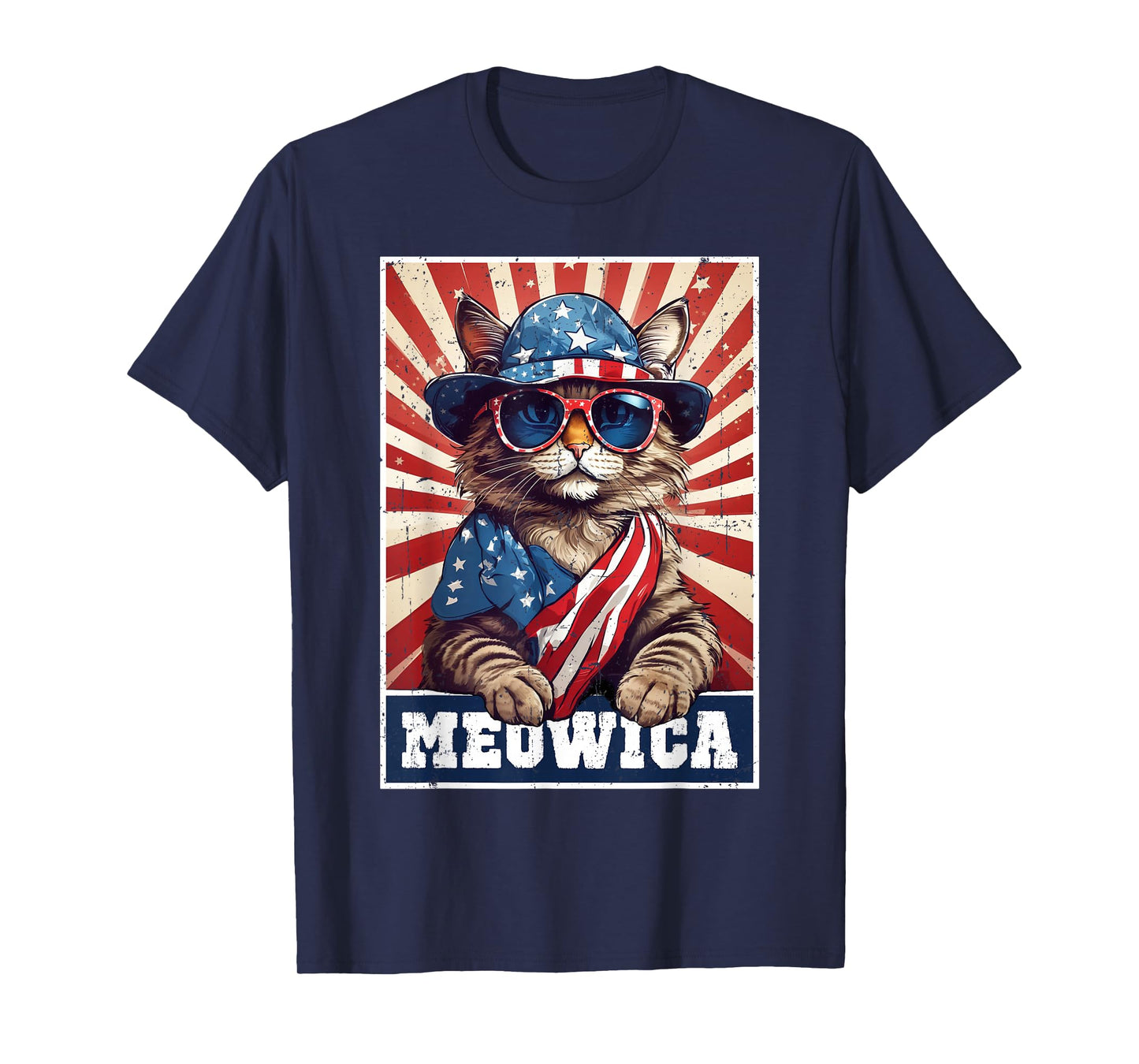 Meowica 4th of July Cat American Flag Funny 4th of July Cat T-Shirt