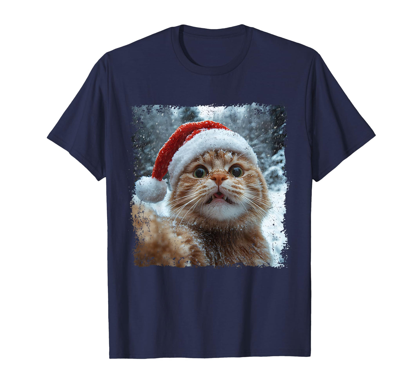 Funny Christmas Cat Selfie Santa Hat Design T-Shirt