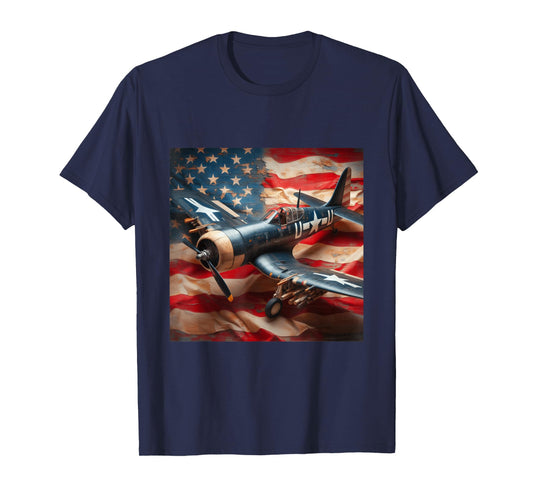 WW2 Warplane F4U Corsair Distressed American Flag Vintage T-Shirt