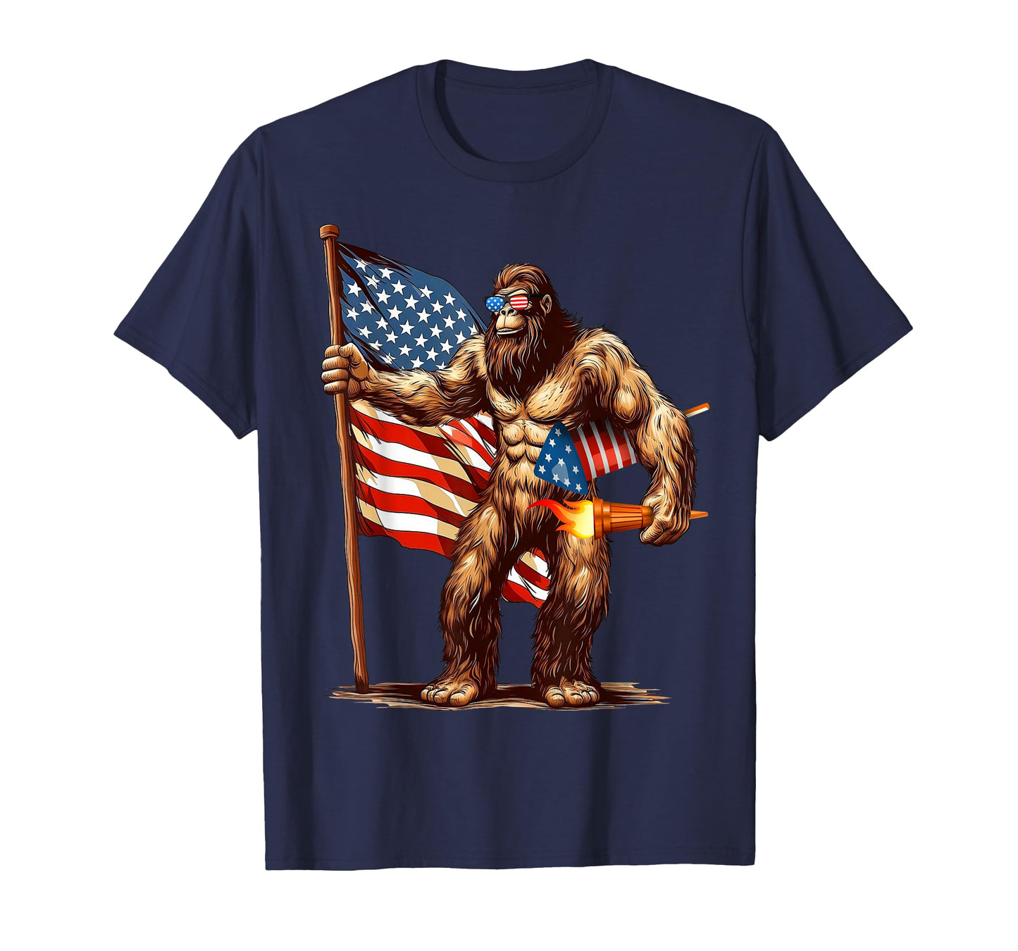Bigfoot Fireworks 4th of July Men Sasquatch American US Flag T-Shirt