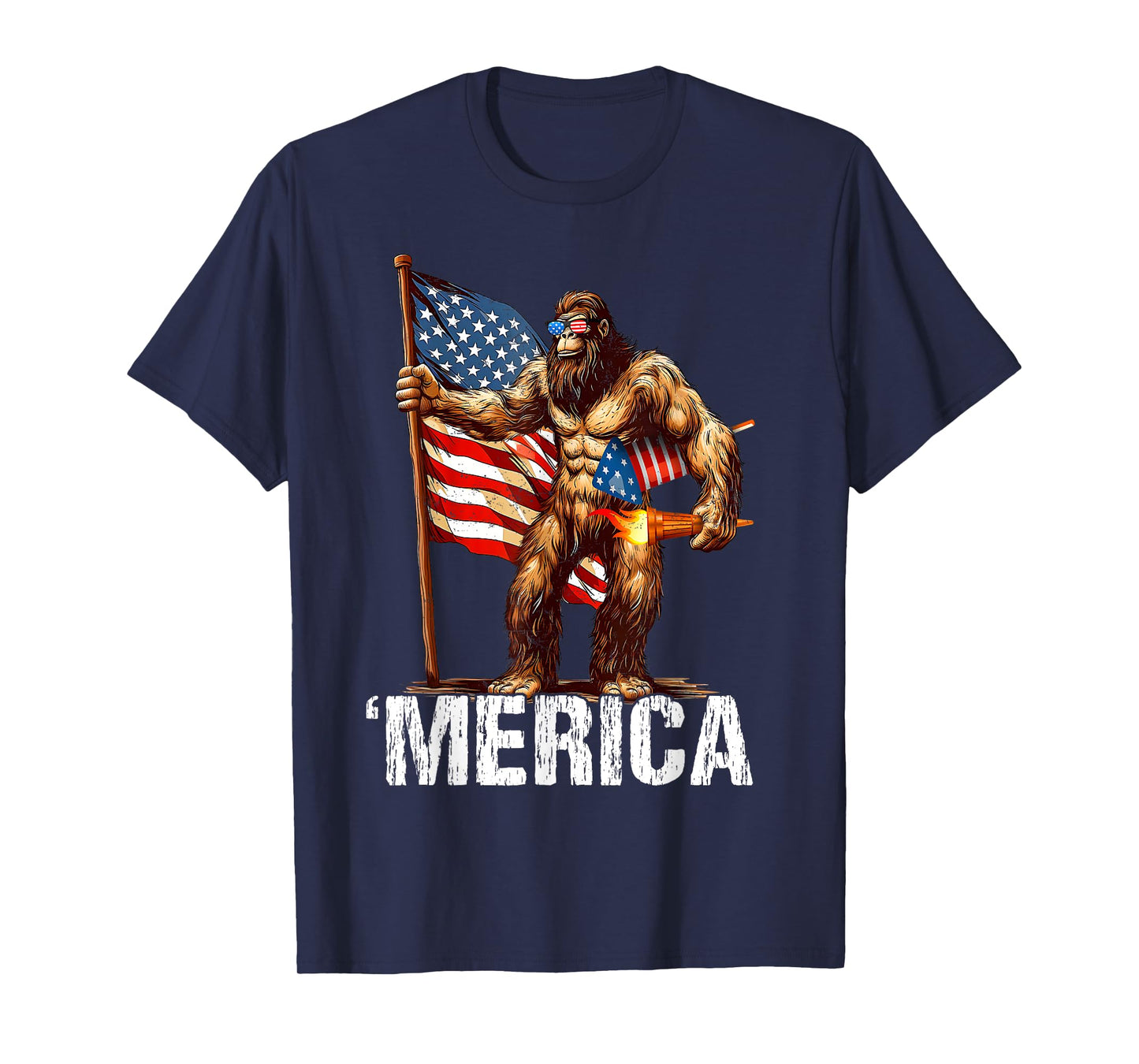 Bigfoot Merica Rock American Flag Patriotic 4th Of July T-Shirt