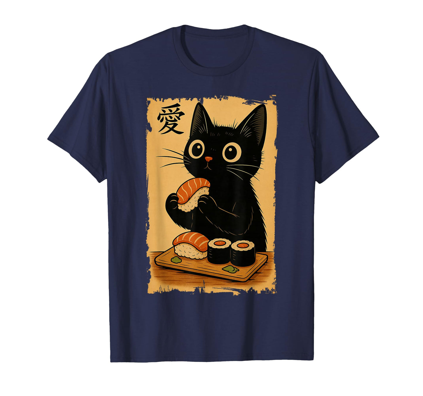 Cute Kawaii Black Cat Eating Sushi Funny Japanese Black Cat T-Shirt
