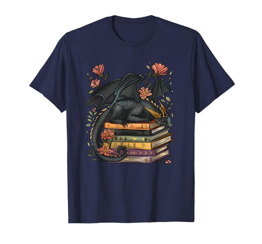 Cute Dragon Books Cottagecore Flower Bookworm Book Lover T-Shirt